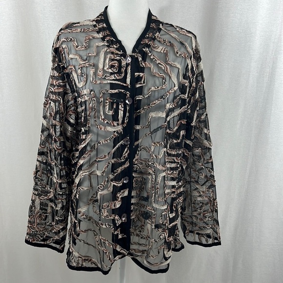 Tantrums Vintage Sheer Geometric Print Long Sleeve Button Up Blouse Top Size 1X - Picture 1 of 11